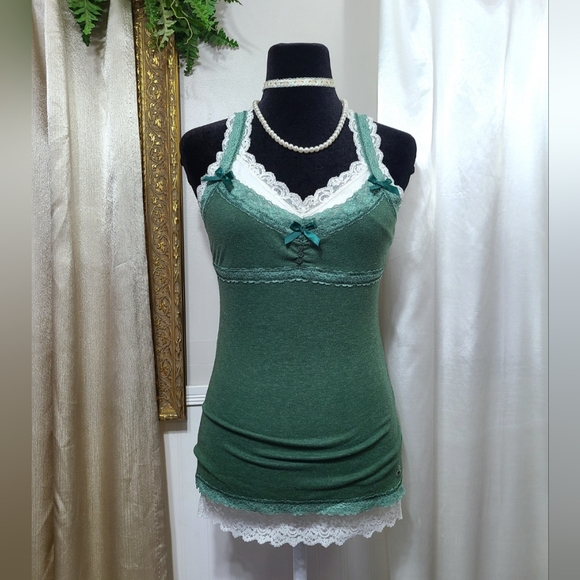 ♡ Y2K ♡ Hollister Green Empire Waist Lace Cami Satin Ribbon Bow Tank Top - Picture 1 of 9